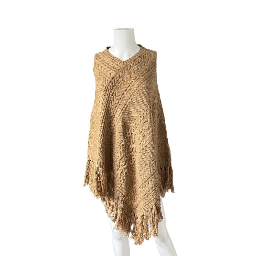 Lauren Ralph Lauren Tan Cable Knit Poncho Sweater Fringe Trim One Size